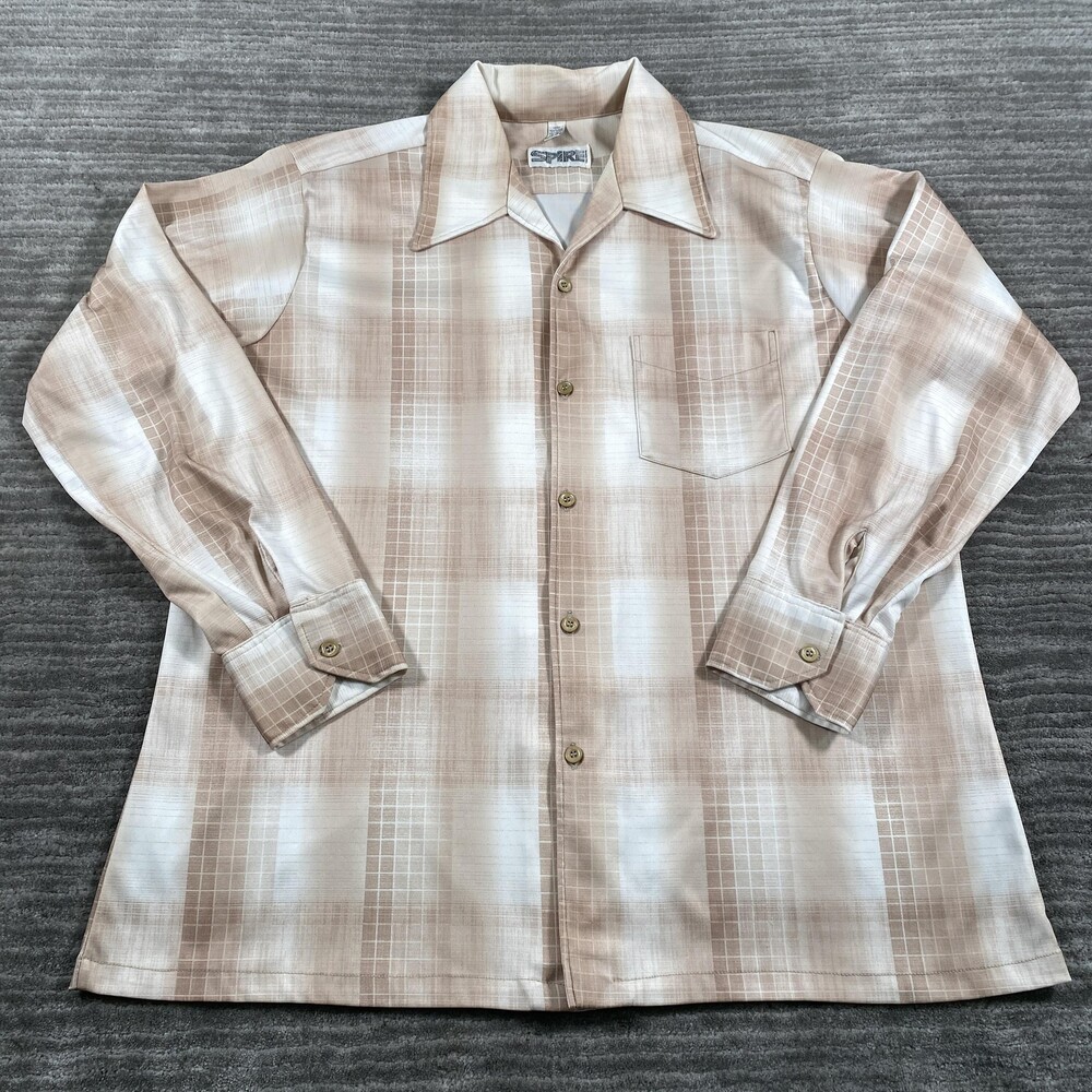 Vintage Spire Shirt Mens XL Beige Plaid 100% Polyester Long Sleeve USA 70s
